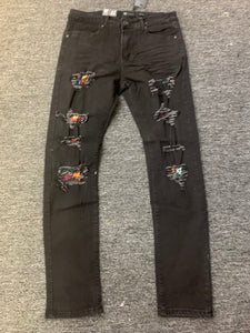 MEN BLACK WASH WITH MULTI COLOR BACKING STRECTH JEANS