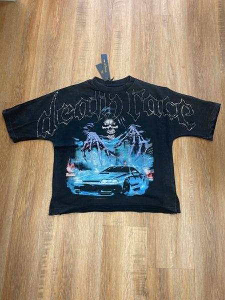MEN BLACK DEATH RACE RHINESTONE FRENCH TERRY CROP TEE