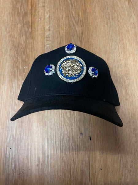 UNISEX BLACK METAL MADUSA LOGO BLUE RHINESTONE SNAPBACK