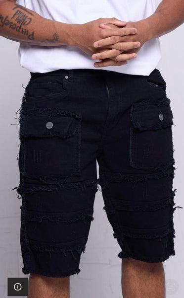 Kids Jet Black Patchwork Denim Shorts