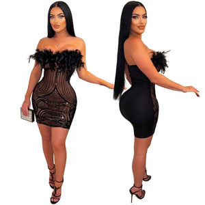 Black Fashion sexy one-shoulder see-through sequin dress