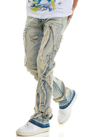 MEN KNDK BLUE TRIBAL RHINESTONE FLARE PANTS