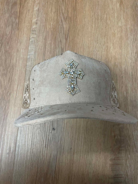 UNISEX BEIGE METAL RHINESTONE CROSS LOGO SNAPBACK
