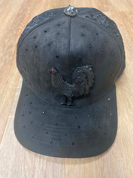 UNISEX BLACK/ BLACK METAL RHINESTON BLACK ROOSTER LOGO SNAPBACK