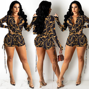 Chain Sexy printed long sleeved zippered V-neck shorts jumpsuit