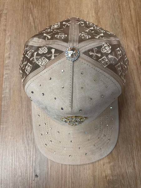 UNISEX BEIGE METAL RHINESTONE CROSS LOGO SNAPBACK