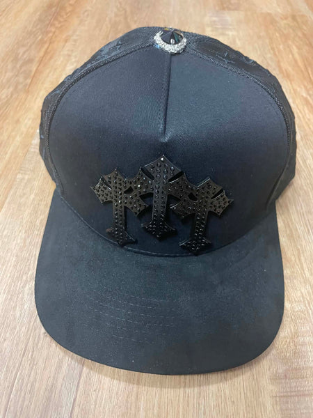 UNISEX BLACk/ BLACK METAL RHINESTONE BLACK TRIPPLE CROSS LOGO SNAPBACK
