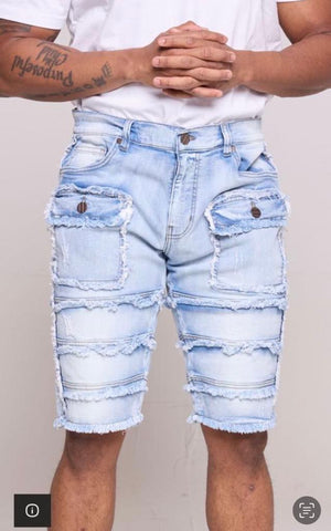 Kids Ice Blue Patchwork Denim Shorts