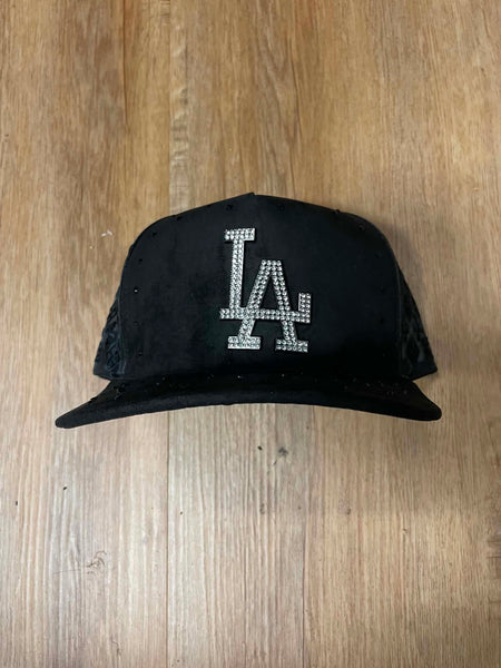UNISEX BLACK/ BLACK METAL LA LOGO RHINESTONE SNAPBACK