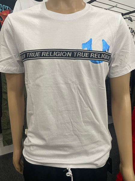 Men White True Religion with Stitched in Red Black Strip Tee