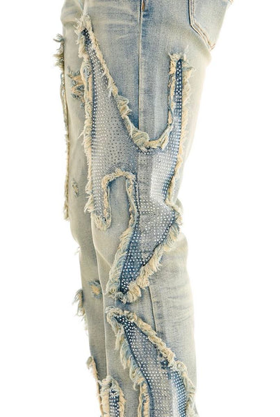 MEN KNDK BLUE TRIBAL RHINESTONE FLARE PANTS