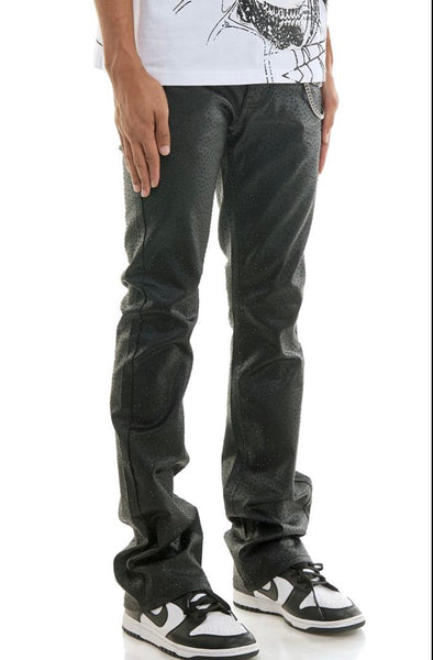 MEN KNDK BLACK WAXED RHINESTONE WITH CHAIN FLARE PANTS