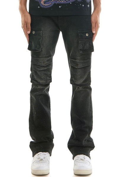 MEN KNDK BLACK CARGO RHINESTONE FLARE PANTS
