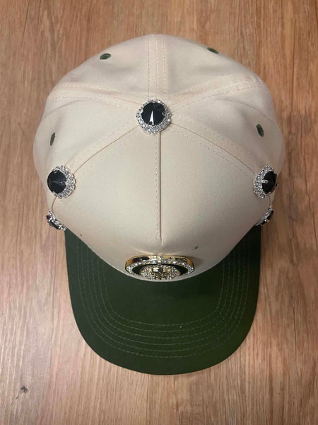 UNISEX CREAM/ GREEN METAL RHINESTONE PHARAOH LOGO SNAPBACK