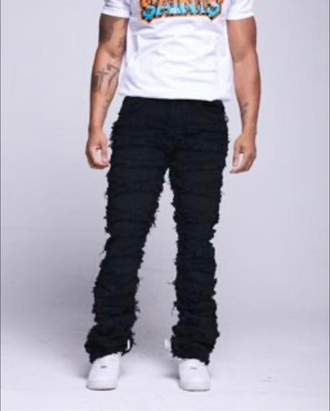 Men Jet Black STACKED SLASH & FRAY DENIM JEANS