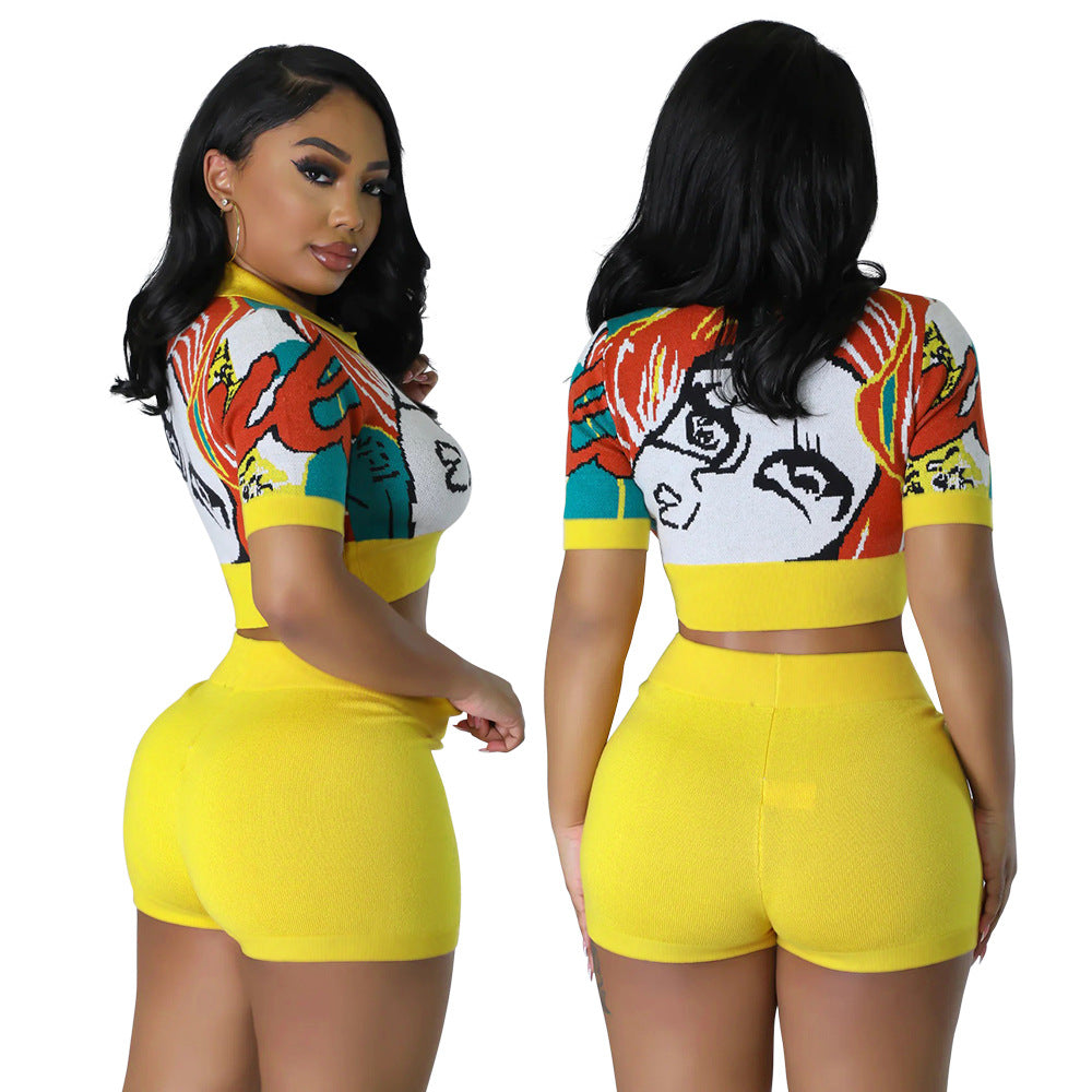 Yellow Fashion printed short sleeved top slim fitting shorts two-piece set