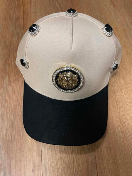 UNISEX CREAM/ BLACK 3D METAL LION HEAD LOGO RHINESTONE SNAPBACK