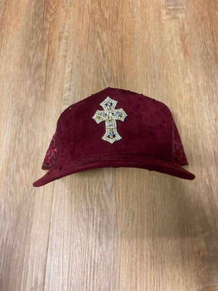 UNISEX BURGANDY 3D METAL CROSS LOGO RHINESTONE SNAPBACK