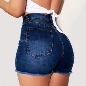 Women Dark blue High elastic perforated denim shorts