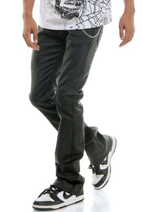 MEN KNDK BLACK WAXED RHINESTONE WITH CHAIN FLARE PANTS