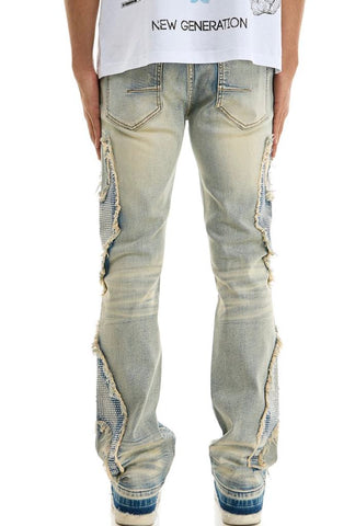 MEN KNDK BLUE TRIBAL RHINESTONE FLARE PANTS