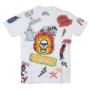 MEN'S WHITE BURNING SKULL BORN FLY SHORT SLEEVE SHIRT