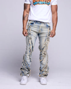 Men Lt Tint Stacked Wavy Patchwork Denim Jean