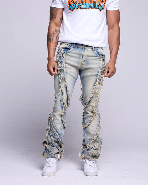 Men Lt Tint Stacked Wavy Patchwork Denim Jean