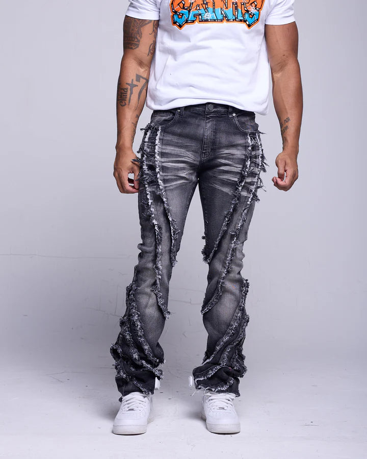 Men Grey Stacked Wavy Patchwork Denim Jean