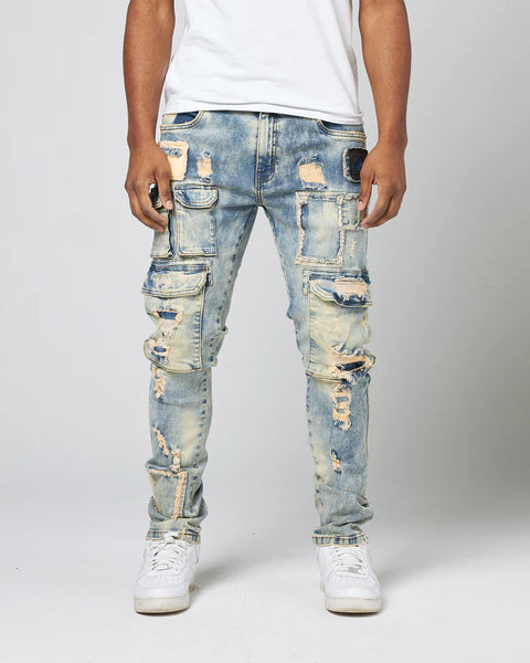 MEN LT TINT WASHED OUT REPAIRED DENIM JEANS