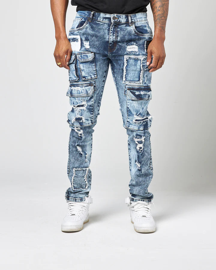 MEN'S S BLUE WASHOUT REPAIRED DENIM JEANS