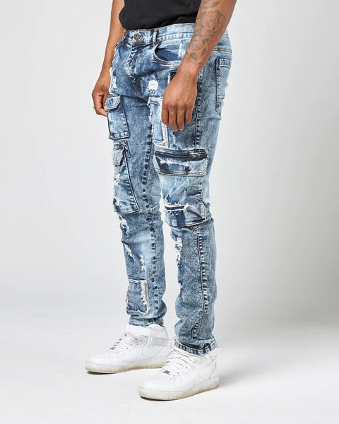 MEN'S S BLUE WASHOUT REPAIRED DENIM JEANS