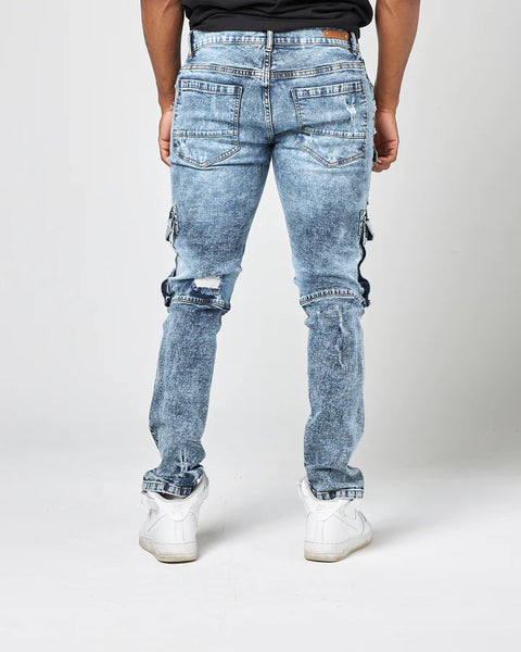 MEN'S S BLUE WASHOUT REPAIRED DENIM JEANS