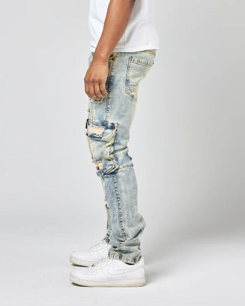 MEN LT TINT WASHED OUT REPAIRED DENIM JEANS