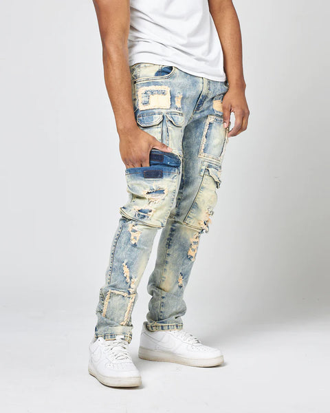 MEN LT TINT WASHED OUT REPAIRED DENIM JEANS