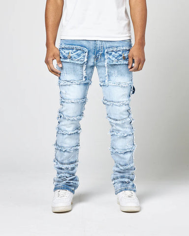 Men Ice Blue Patchwork True Stacked Denim Jeans