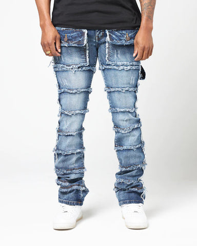 MEN S BLUE PATCHWORK FRONT POCKET TRUE STACK DENIM JEANS