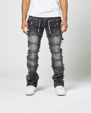 Kid's Black Wash Patchwork True Stacked Denim Jeans