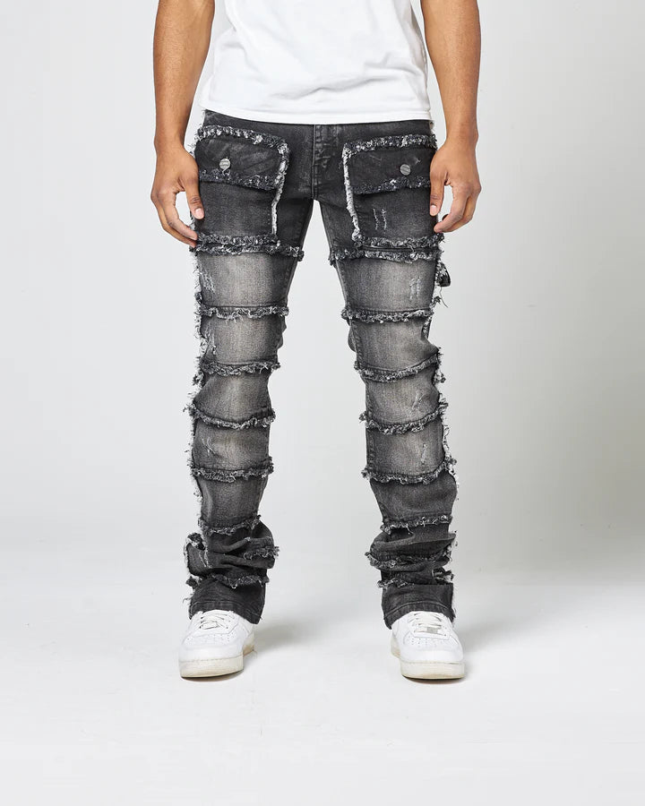 Men Plus Size Black Wash Patchwork Denim Jeans