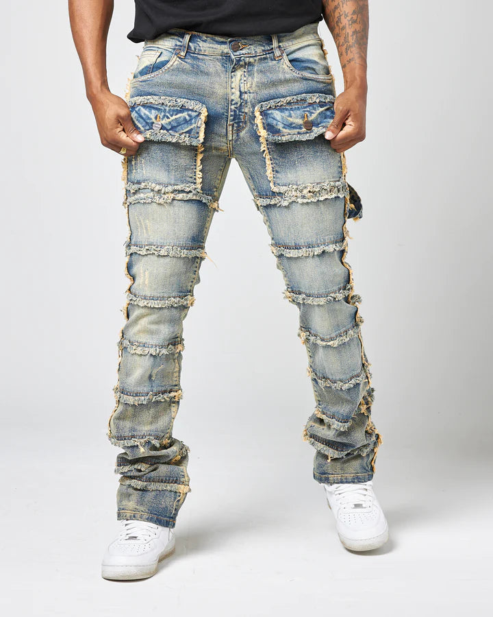 MEN S LT TINT PATCHWORK FRONT POCKET TRUE STACK DENIM JEANS