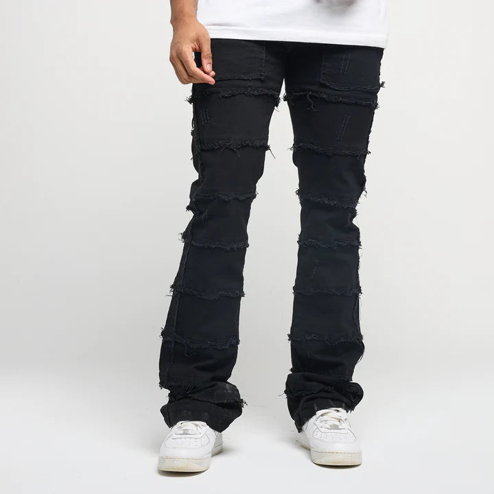 MEN BLACK PATCHWORK FRONT POCKET TRUE STACK DENIM JEANS