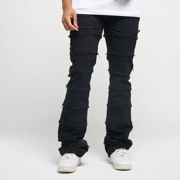 MEN BLACK PATCHWORK FRONT POCKET TRUE STACK DENIM JEANS