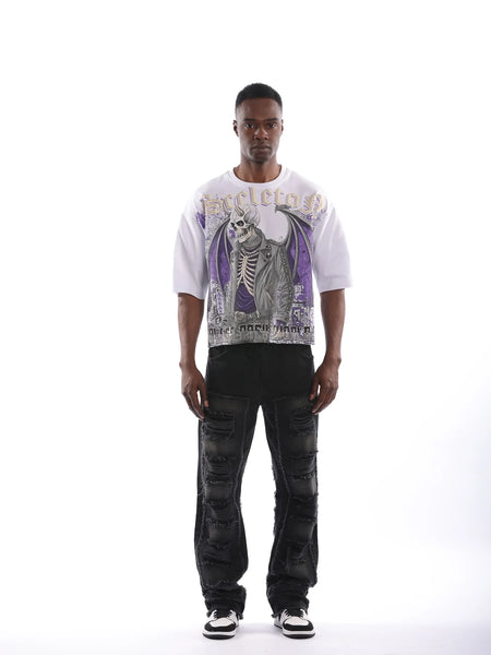 MEN WHITE LEFT POINT OVERSIZE GRAPHIC CROPPED TEE