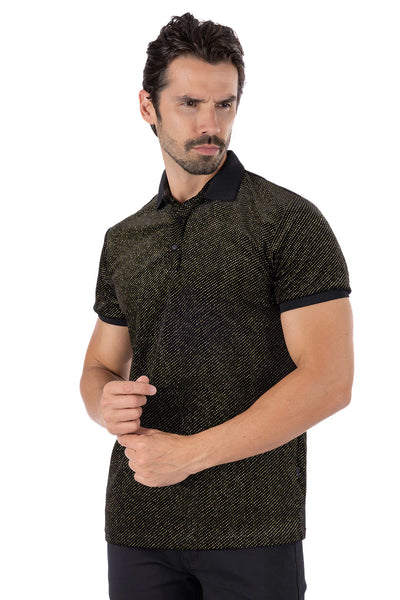 MEN BLACK/ GOLD SHINY RUSH RHINESTONE POLO SHIRT