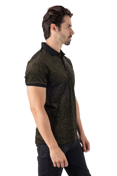 MEN BLACK/ GOLD SHINY RUSH RHINESTONE POLO SHIRT