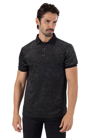 MEN BLACK/ SILVER SHINY RUSH RHINESTONE POLO SHIRT