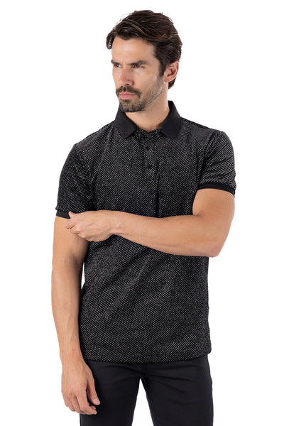 MEN BLACK/ SILVER SHINY RUSH RHINESTONE POLO SHIRT