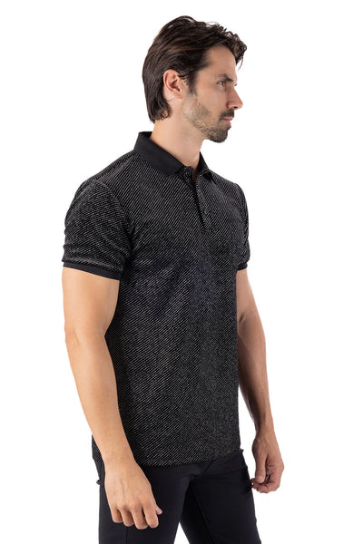 MEN BLACK/ SILVER SHINY RUSH RHINESTONE POLO SHIRT