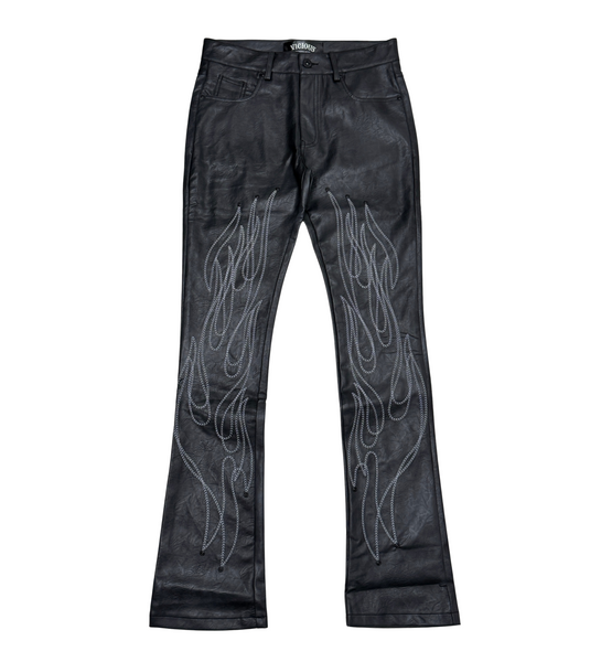 MEN BLACK LEATHER FLAME FLARE LEG JEAN