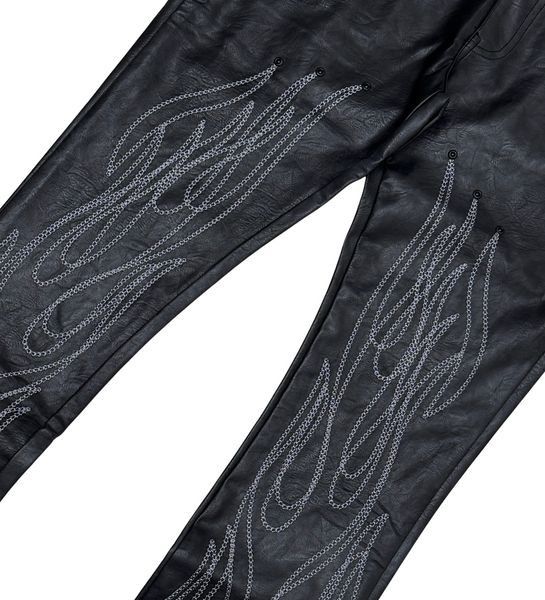 MEN BLACK LEATHER FLAME FLARE LEG JEAN